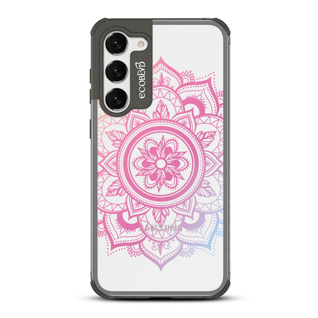 Mandala - Black Eco-Friendly Galaxy S23 Case With A Pink Lotus Flower Mandala Design On A Clear Back