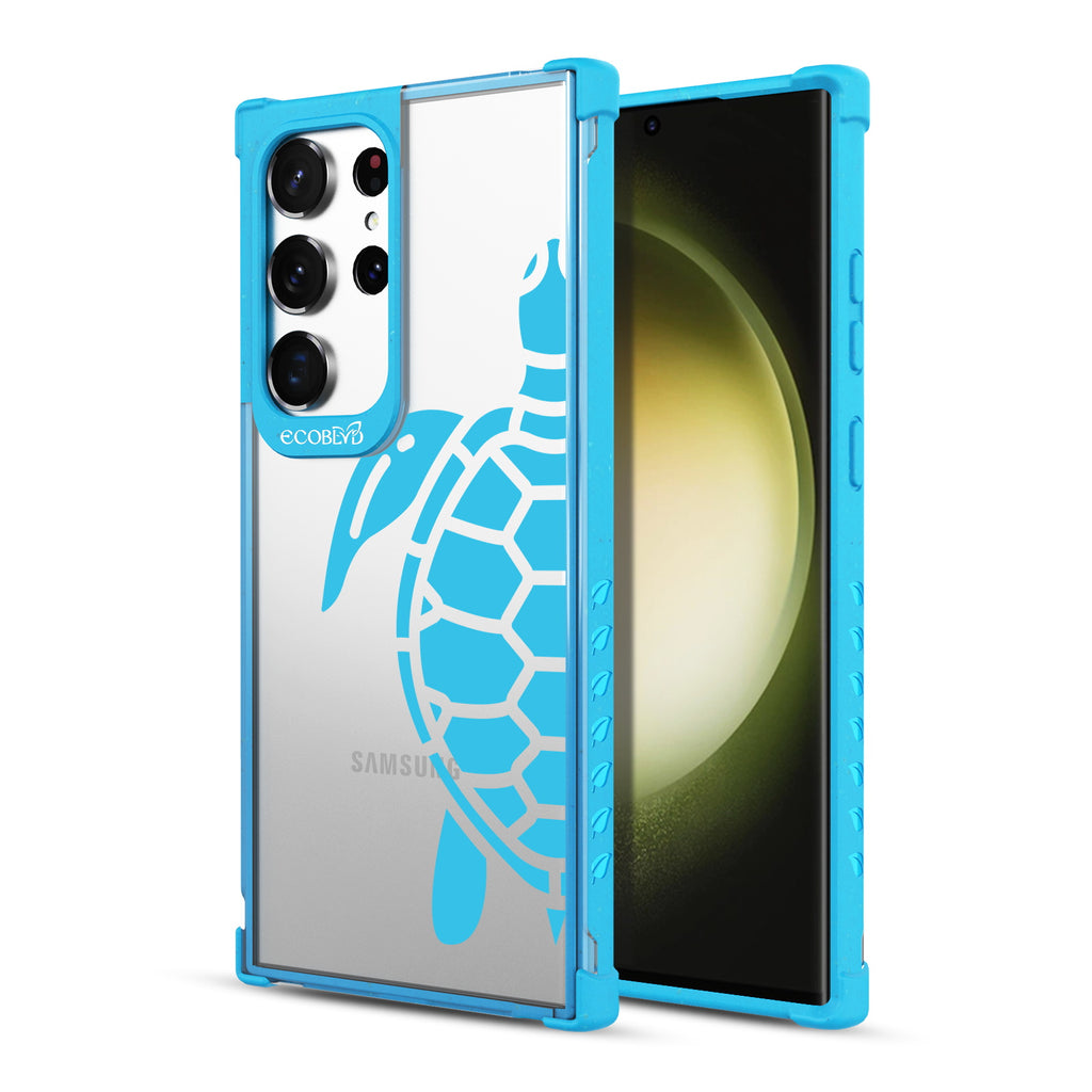 Sea Turtle - Back View Of Blue & Clear Eco-Friendly Galaxy S23 Ultra Case & A Front View Of The Screen