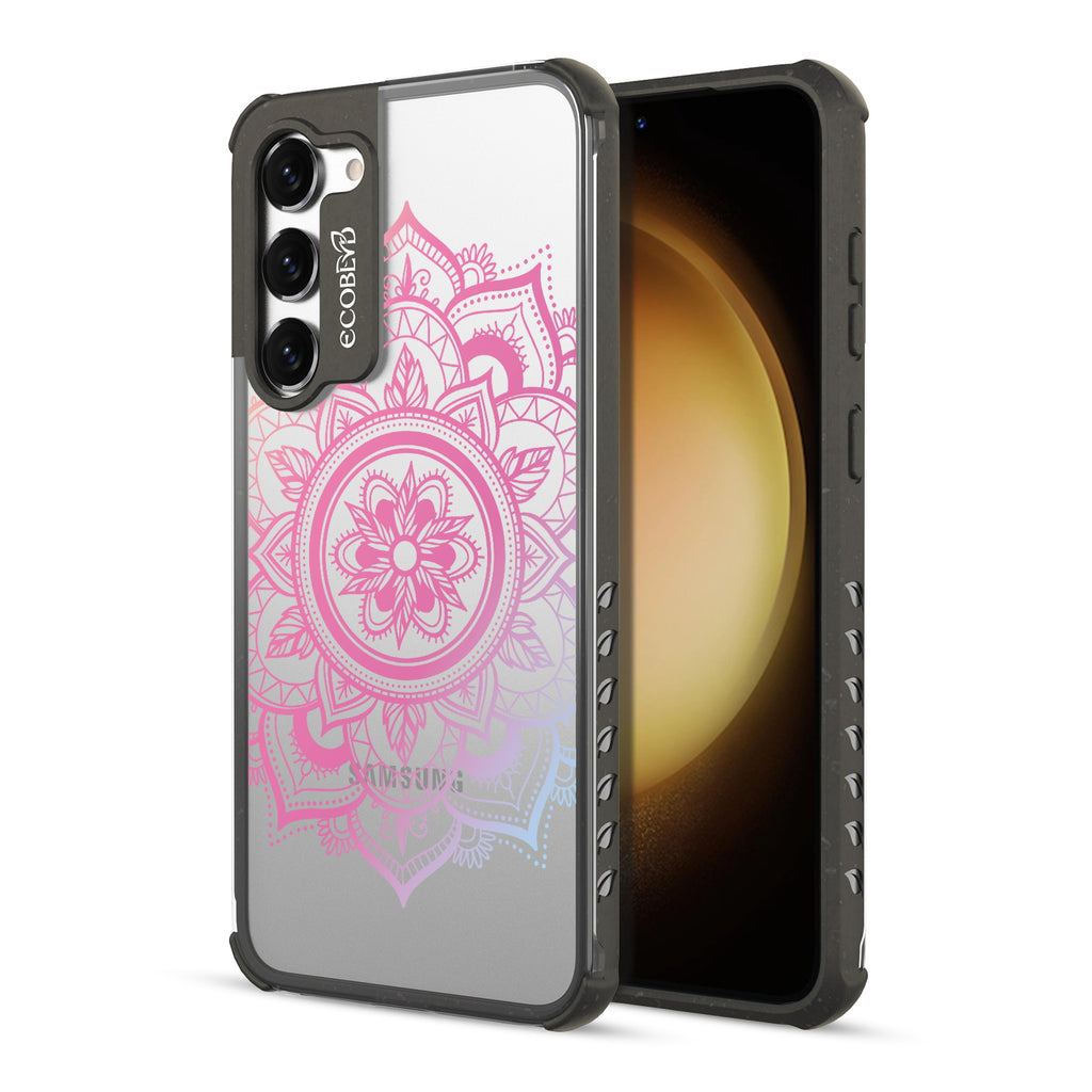 Mandala - Back View Of Black & Clear Eco-Friendly Galaxy S23 Plus Case & A Front View Of The Screen