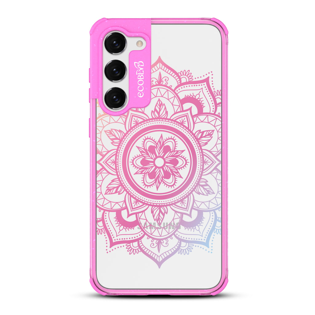 Mandala - Pink Eco-Friendly Galaxy S23 Case With A Pink Lotus Flower Mandala Design On A Clear Back