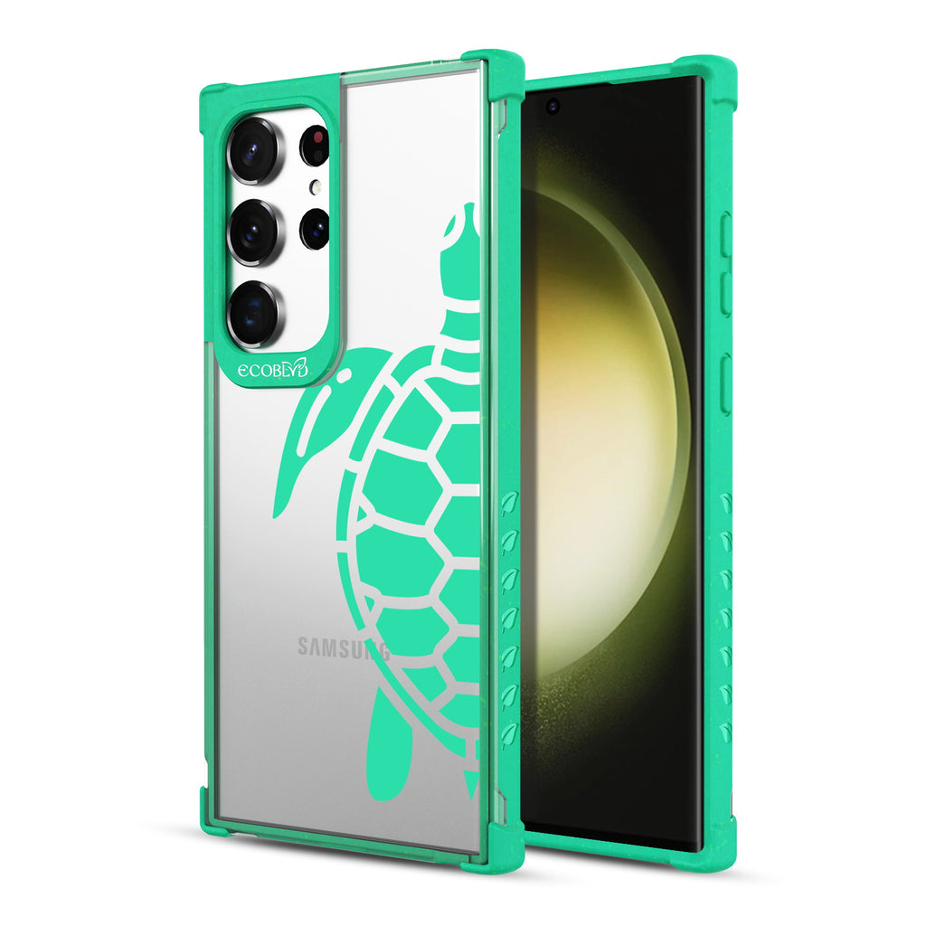 Sea Turtle - Back View Of Green & Clear Eco-Friendly Galaxy S23 Ultra Case & A Front View Of The Screen