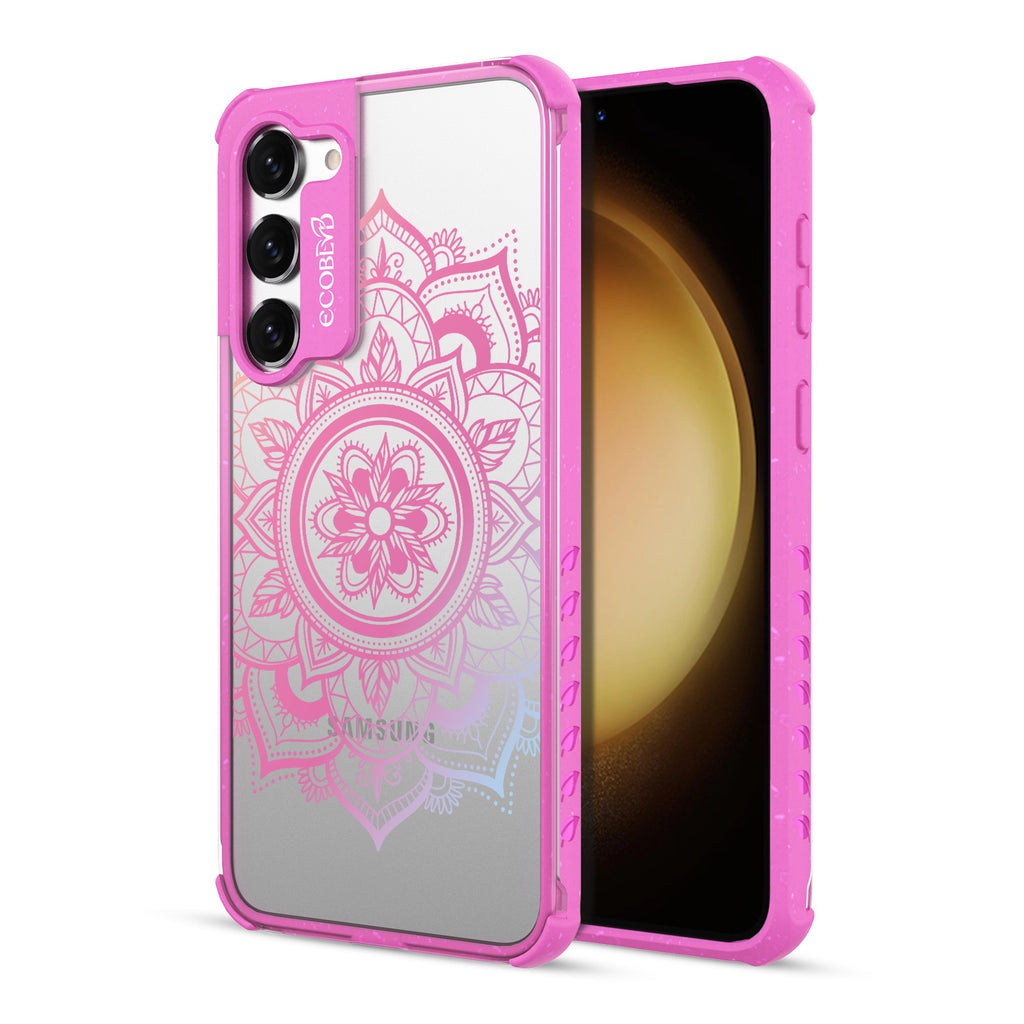 Mandala - Back View Of Pink & Clear Eco-Friendly Galaxy S23 Plus Case & A Front View Of The Screen