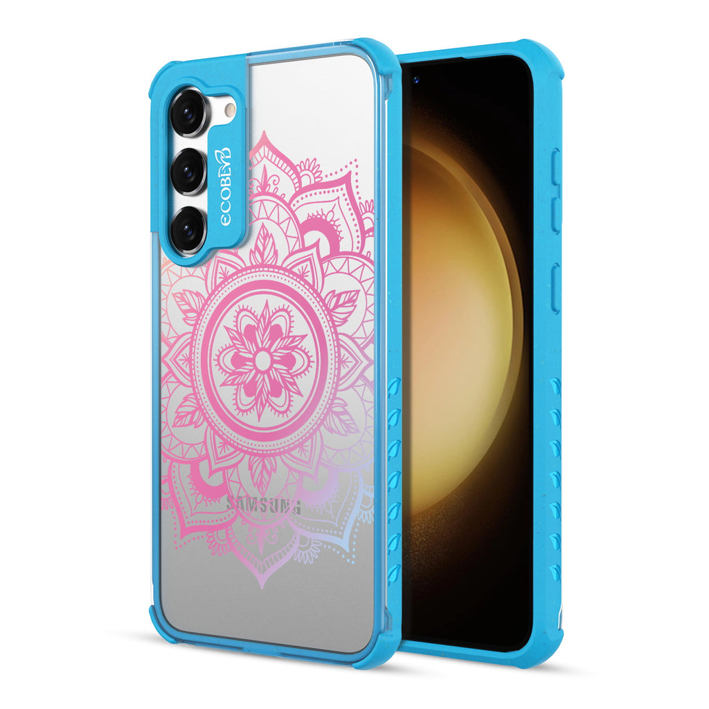 Mandala - Back View Of Blue & Clear Eco-Friendly Galaxy S23 Case & A Front View Of The Screen