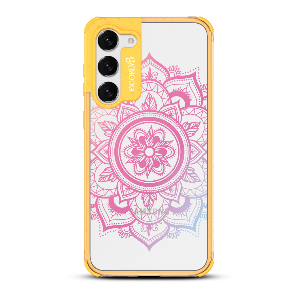 Mandala - Yellow Eco-Friendly Galaxy S23 Case With A Pink Lotus Flower Mandala Design On A Clear Back