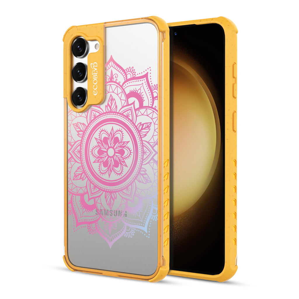 Mandala - Back View Of Yellow & Clear Eco-Friendly Galaxy S23 Plus Case & A Front View Of The Screen
