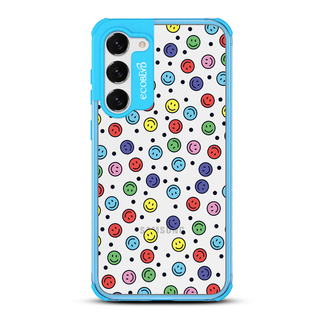 All Smiles - Blue Eco-Friendly Galaxy S23 Plus Case with Colorful Smiley Faces + Black Dots On A Clear Back