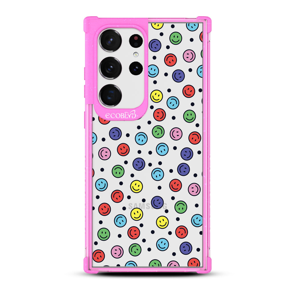 All Smiles - Pink Eco-Friendly Galaxy S23 Ultra Case with Colorful Smiley Faces + Black Dots On A Clear Back