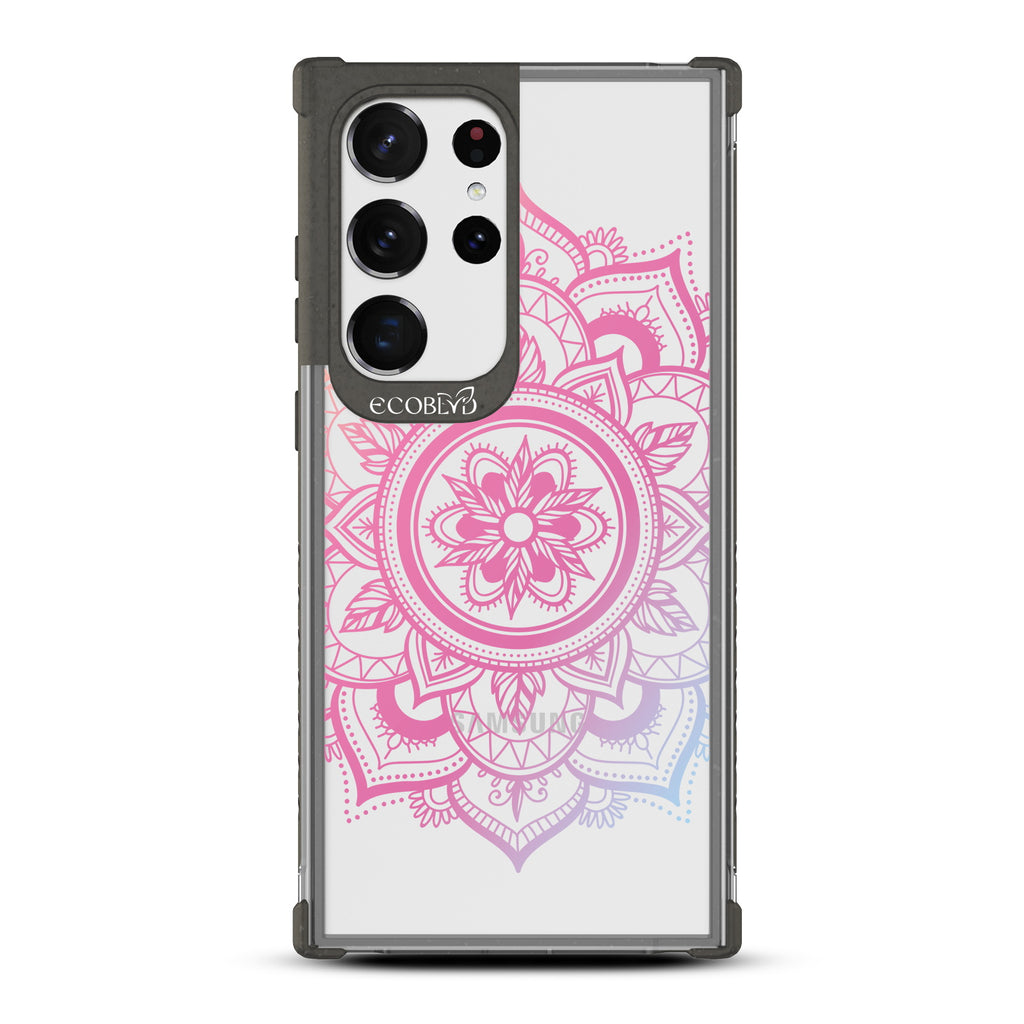 Mandala - Black Eco-Friendly Galaxy S23 Ultra Case With A Pink Lotus Flower Mandala Design On A Clear Back