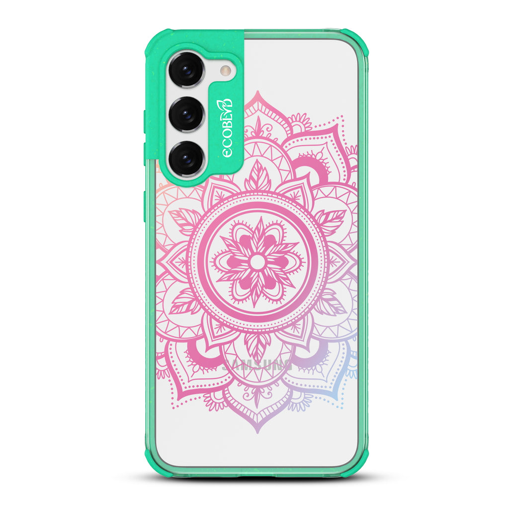 Mandala - Green Eco-Friendly Galaxy S23 Plus Case With A Pink Lotus Flower Mandala Design On A Clear Back