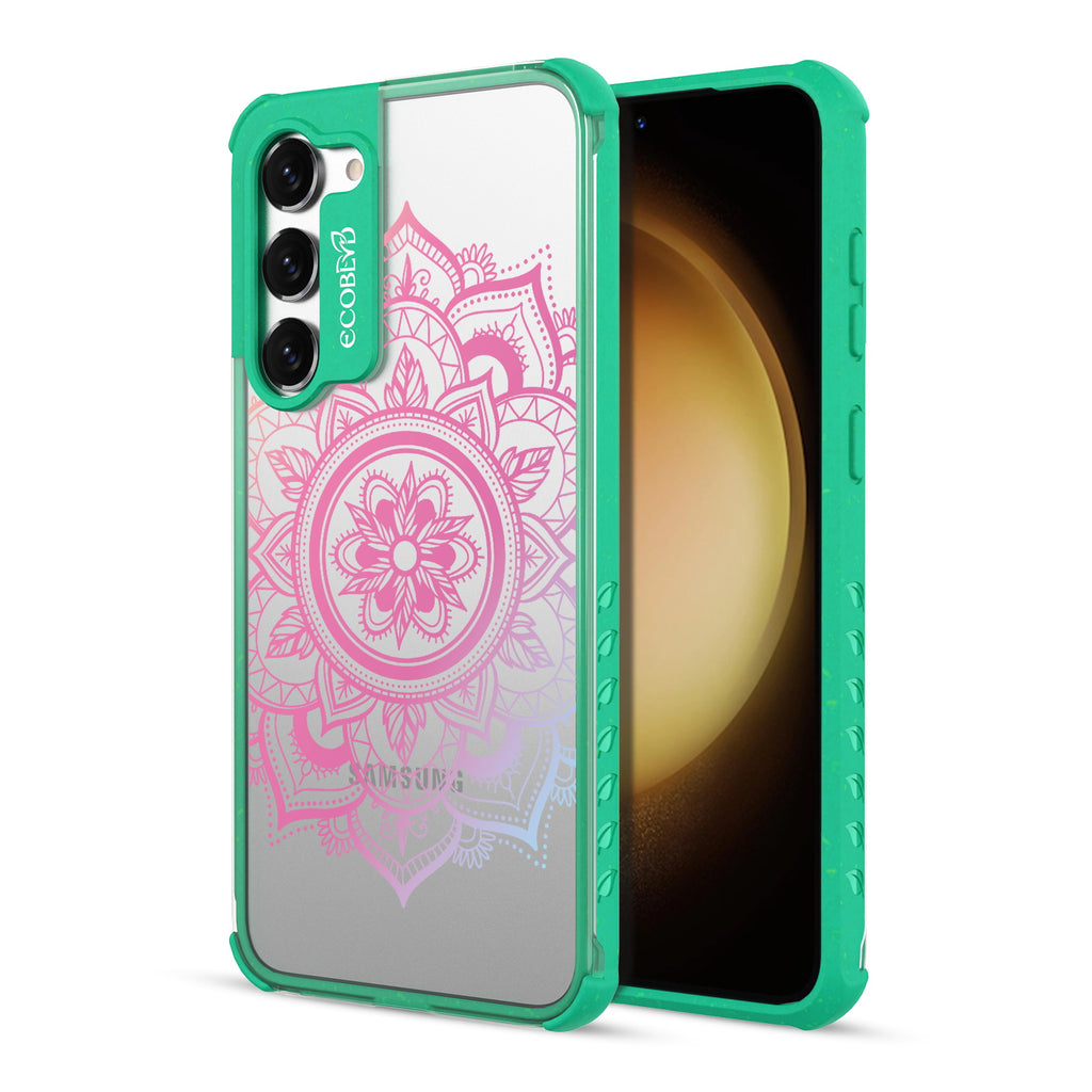 Mandala - Back View Of Green & Clear Eco-Friendly Galaxy S23 Case & A Front View Of The Screen