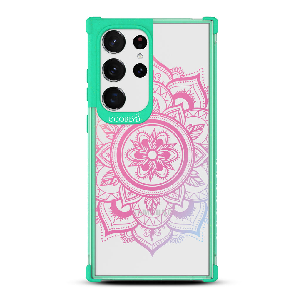 Mandala - Green Eco-Friendly Galaxy S23 Ultra Case With A Pink Lotus Flower Mandala Design On A Clear Back