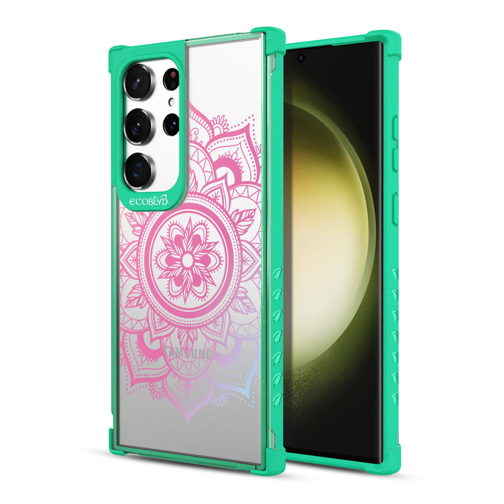 Mandala - Back View Of Green & Clear Eco-Friendly Galaxy S23 Ultra Case & A Front View Of The Screen