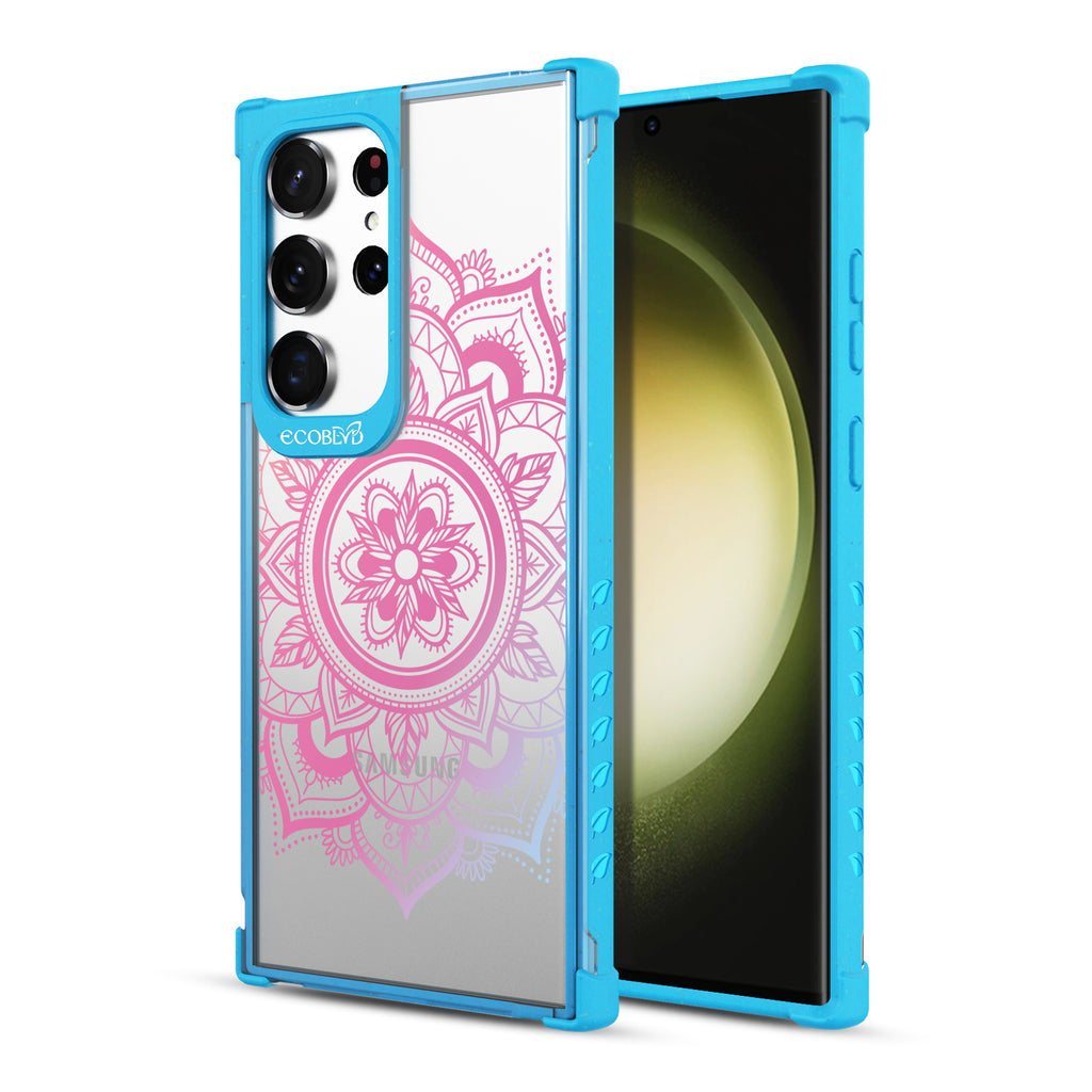 Mandala - Back View Of Blue & Clear Eco-Friendly Galaxy S23 Ultra Case & A Front View Of The Screen