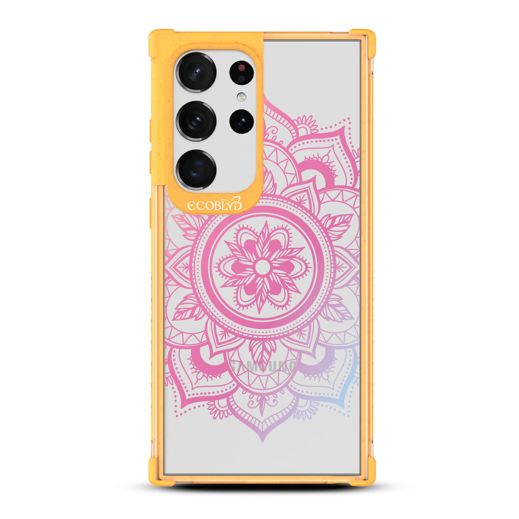 Mandala - Yellow Eco-Friendly Galaxy S23 Ultra Case With A Pink Lotus Flower Mandala Design On A Clear Back