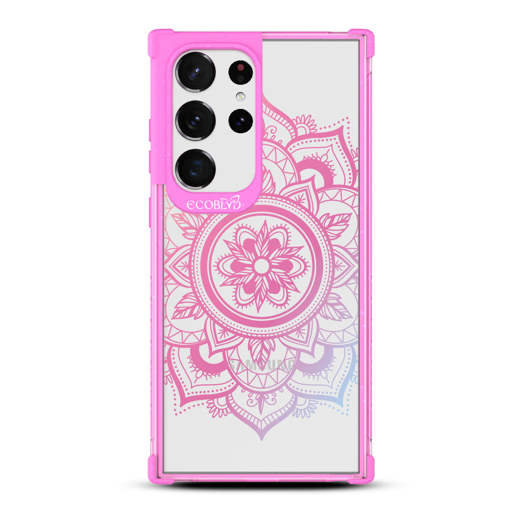 Mandala - Pink Eco-Friendly Galaxy S23 Ultra Case With A Pink Lotus Flower Mandala Design On A Clear Back
