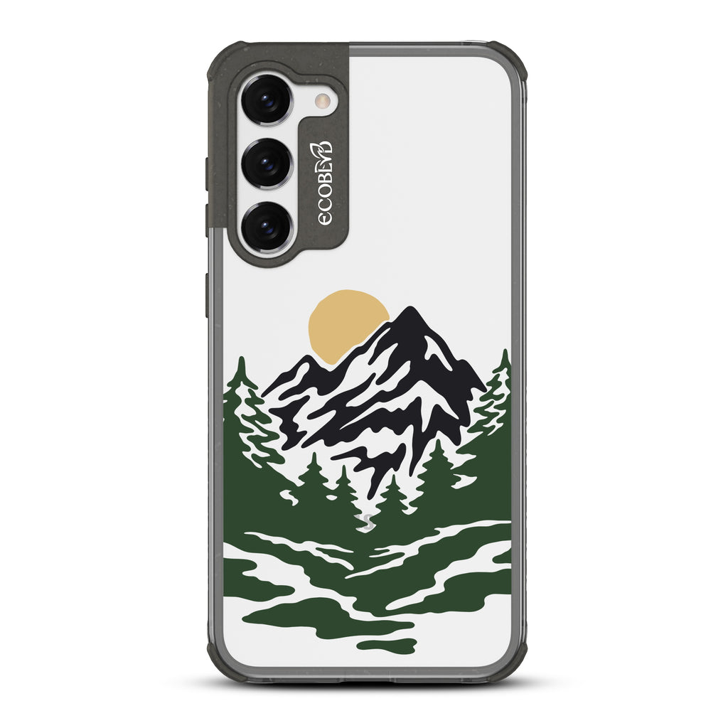 Mountains - Black Eco-Friendly Galaxy S23 Case With A Minimalist Moonlit Mountain Landscape On A Clear Back