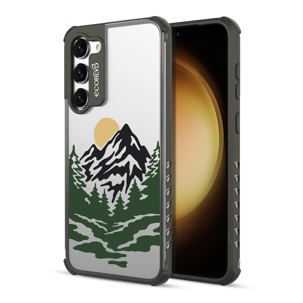 Mountains - Back View Of Black & Clear Eco-Friendly Galaxy S23 Case & A Front View Of The Screen