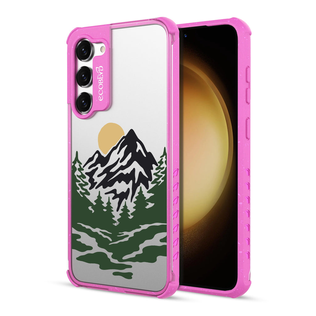 Mountains - Back View Of Pink & Clear Eco-Friendly Galaxy S23 Case & A Front View Of The Screen