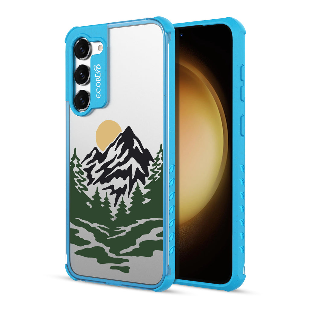 Mountains - Back View Of Blue & Clear Eco-Friendly Galaxy S23 Case & A Front View Of The Screen