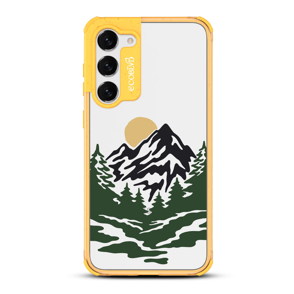 Mountains - Yellow Eco-Friendly Galaxy S23 Case With A Minimalist Moonlit Mountain Landscape On A Clear Back