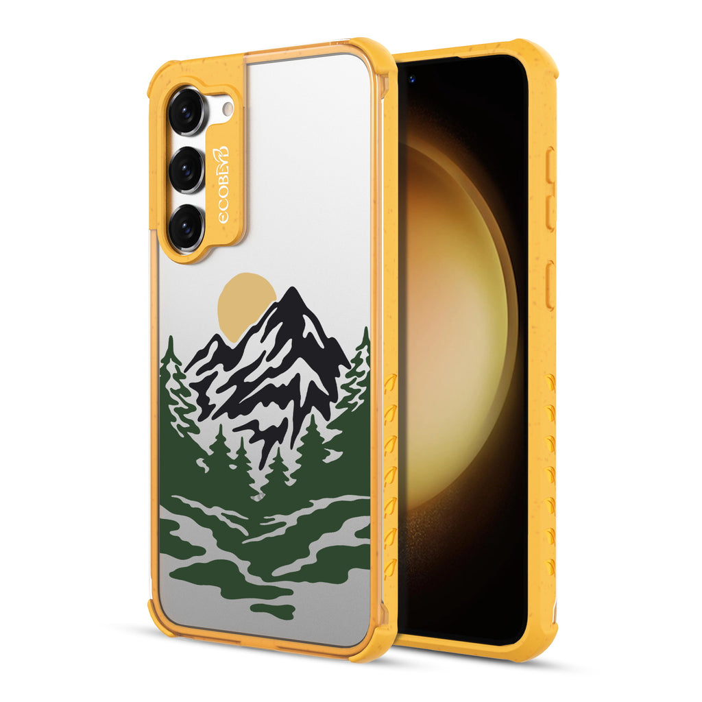 Mountains - Back View Of Yellow & Clear Eco-Friendly Galaxy S23 Case & A Front View Of The Screen
