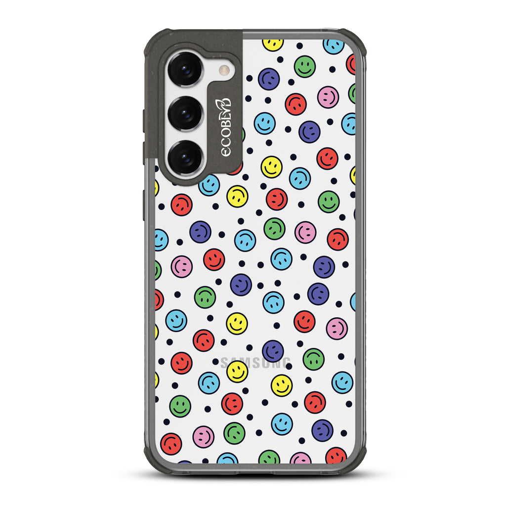 All Smiles - Black Eco-Friendly Galaxy S23 Case with Colorful Smiley Faces + Black Dots On A Clear Back