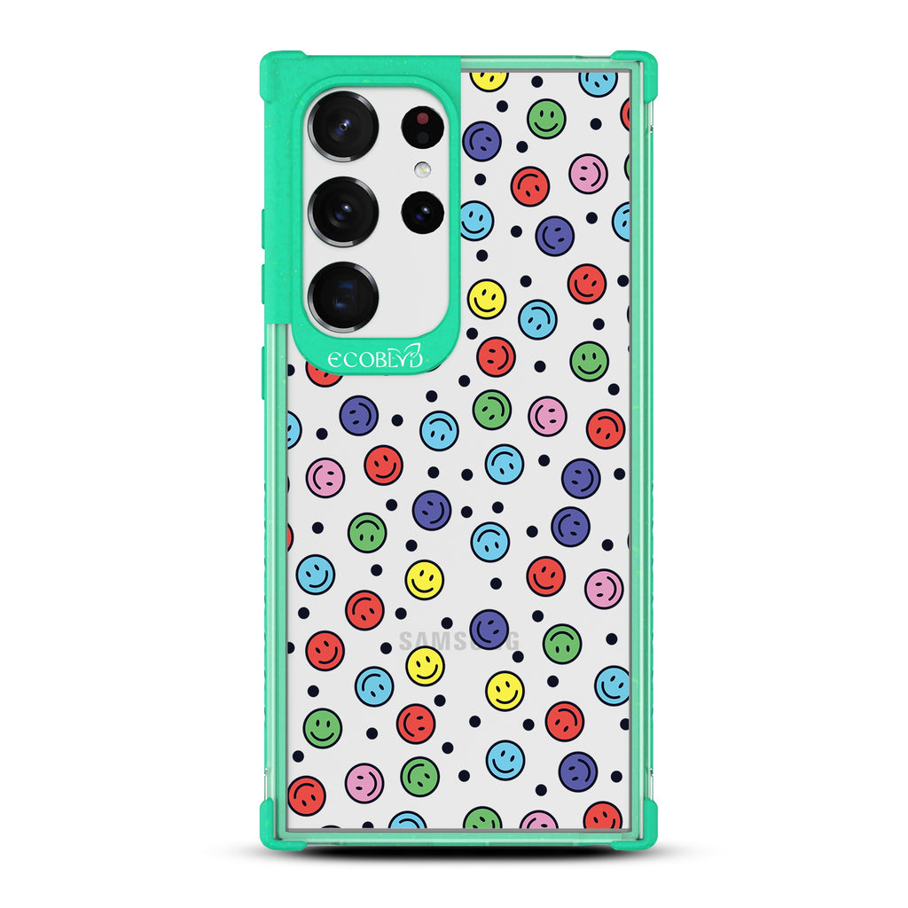  All Smiles - Green Eco-Friendly Galaxy S23 Ultra Case with Colorful Smiley Faces + Black Dots On A Clear Back
