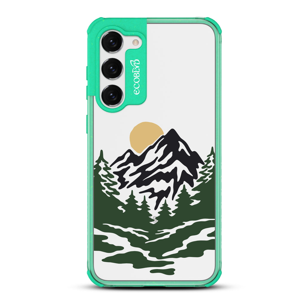 Mountains - Green Eco-Friendly Galaxy S23 Case With A Minimalist Moonlit Mountain Landscape On A Clear Back