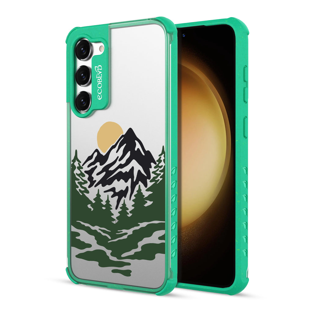 Mountains - Back View Of Green & Clear Eco-Friendly Galaxy S23 Case & A Front View Of The Screen