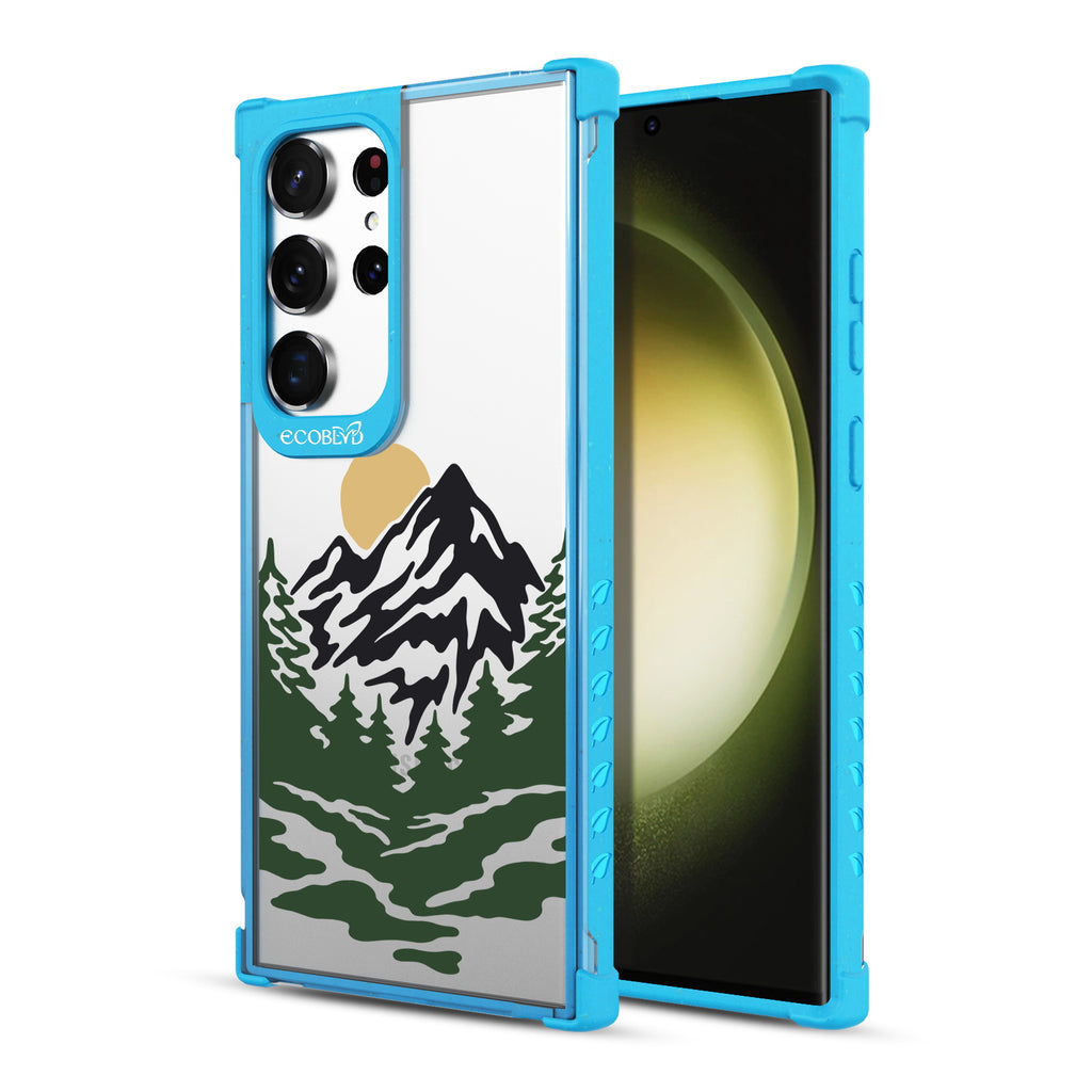 Mountains - Back View Of Blue & Clear Eco-Friendly Galaxy S23 Ultra Case & A Front View Of The Screen