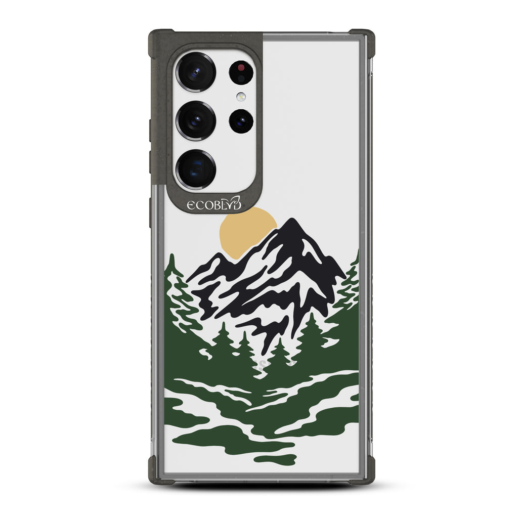 Mountains - Black Eco-Friendly Galaxy S23 Ultra Case With A Minimalist Moonlit Mountain Landscape On A Clear Back