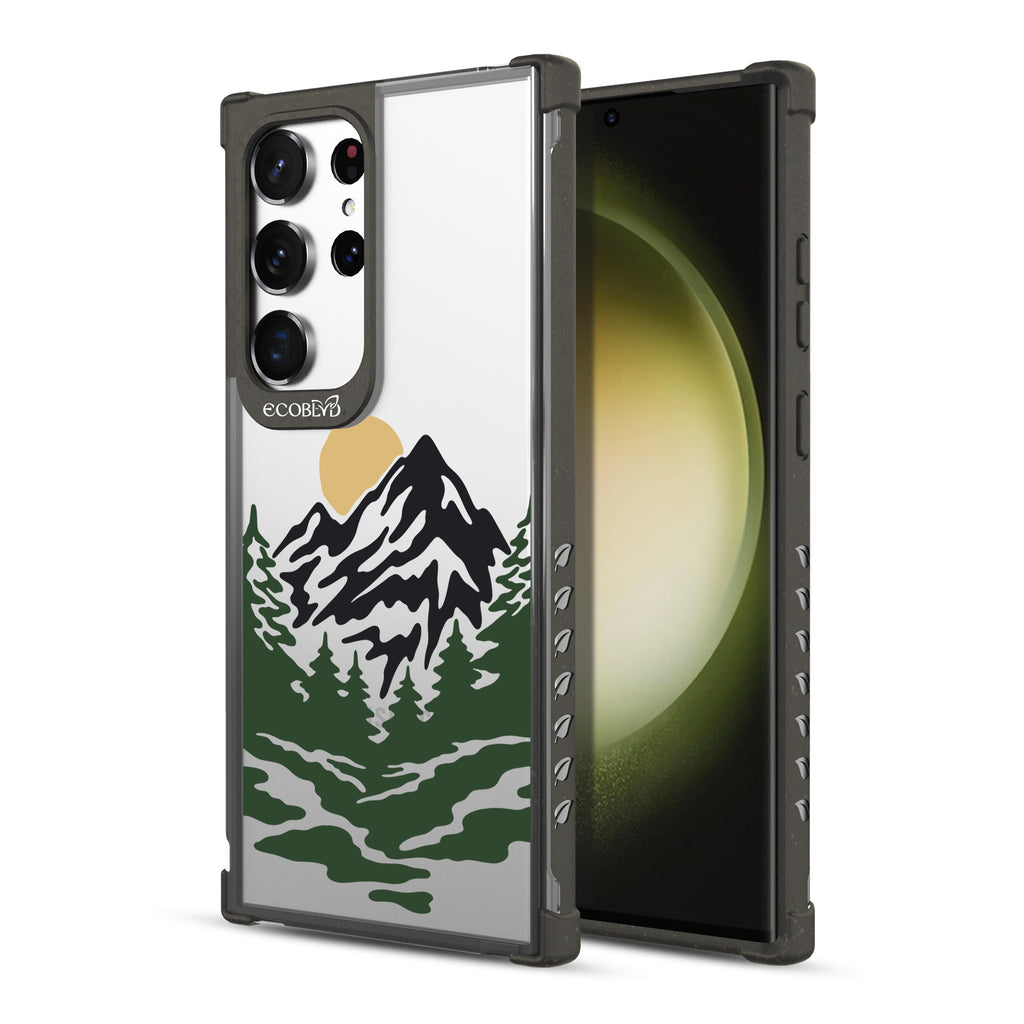Mountains - Back View Of Black & Clear Eco-Friendly Galaxy S23 Ultra Case & A Front View Of The Screen