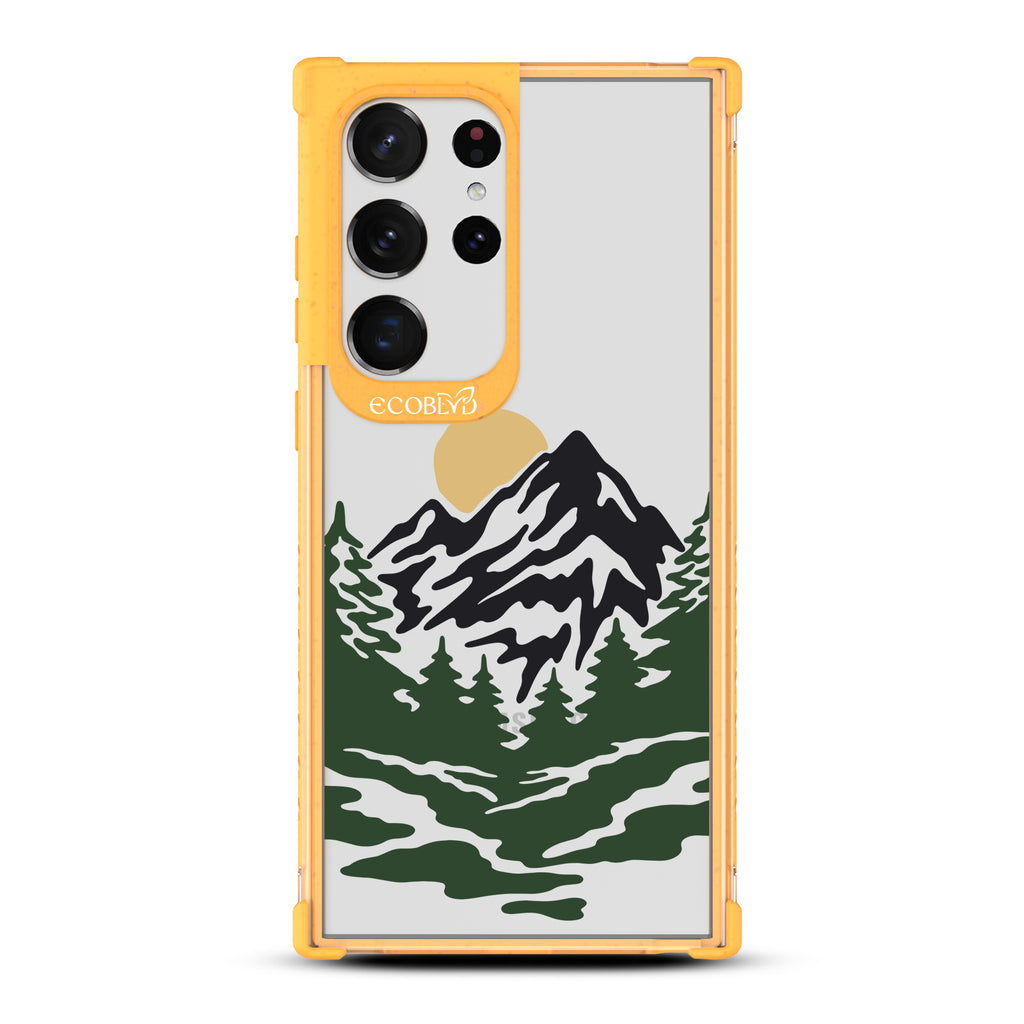 Mountains - Yellow Eco-Friendly Galaxy S23 Ultra Case With A Minimalist Moonlit Mountain Landscape On A Clear Back