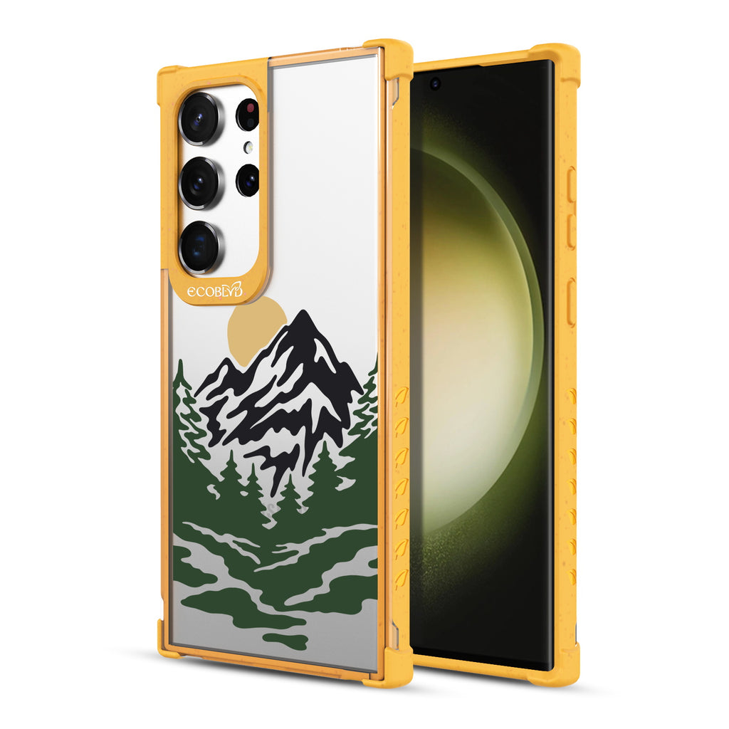 Mountains - Back View Of Yellow & Clear Eco-Friendly Galaxy S23 Ultra Case & A Front View Of The Screen