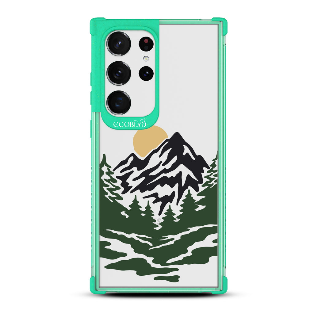 Mountains - Green Eco-Friendly Galaxy S23 Ultra Case With A Minimalist Moonlit Mountain Landscape On A Clear Back