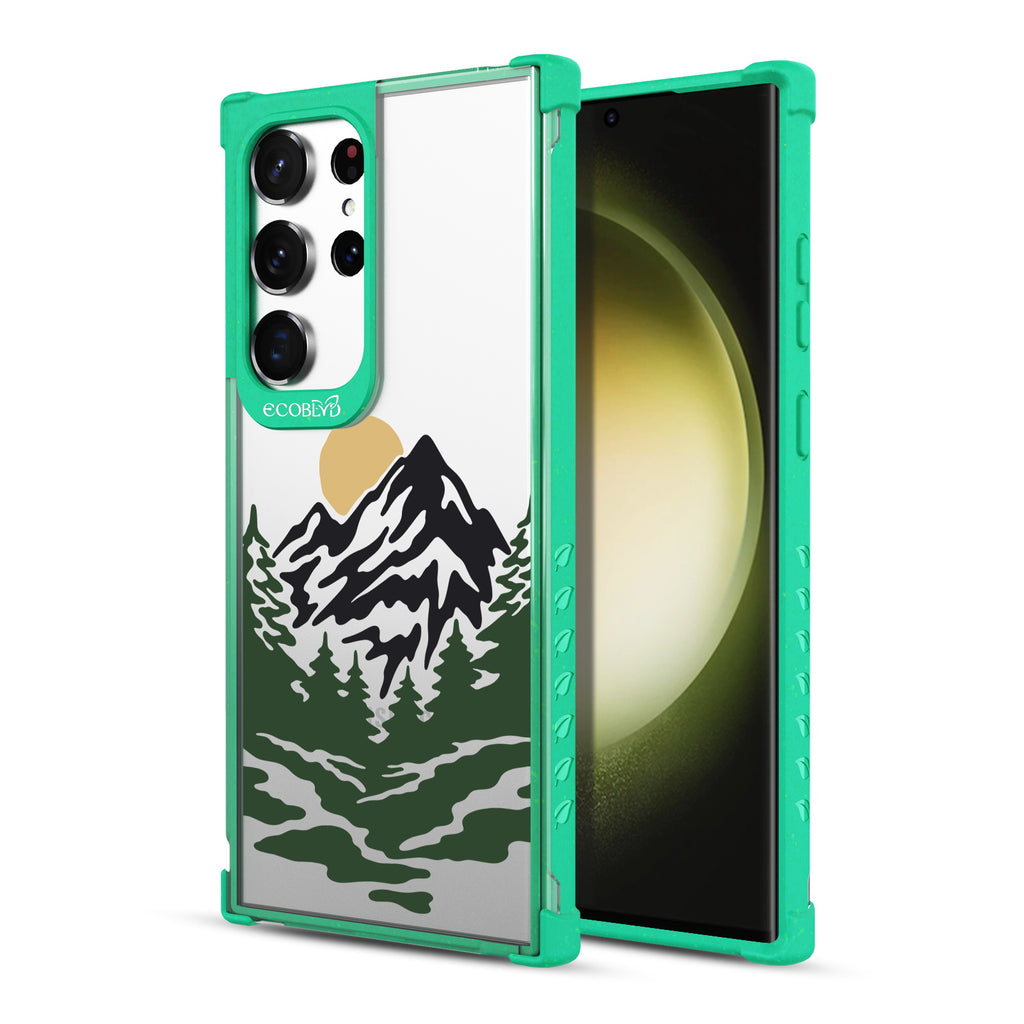 Mountains - Back View Of Green & Clear Eco-Friendly Galaxy S23 Ultra Case & A Front View Of The Screen