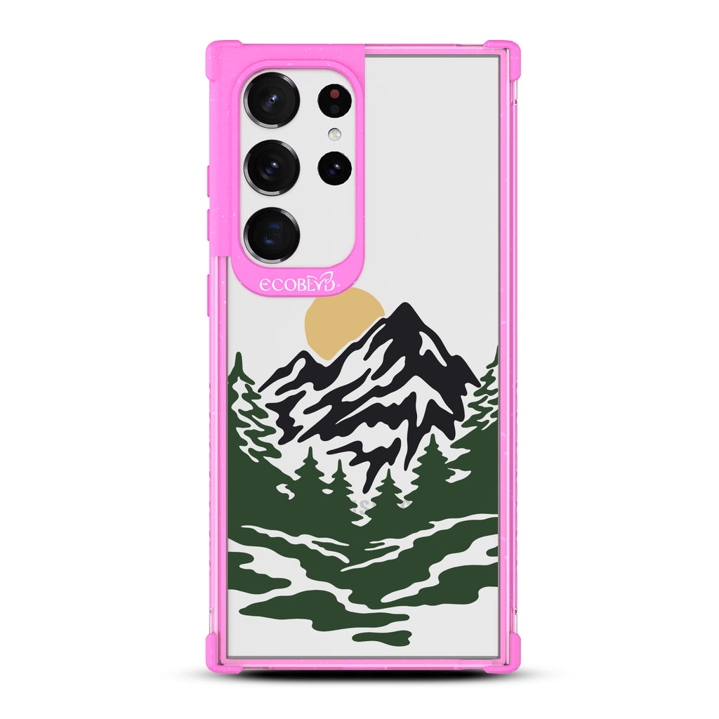 Mountains - Pink Eco-Friendly Galaxy S23 Ultra Case With A Minimalist Moonlit Mountain Landscape On A Clear Back