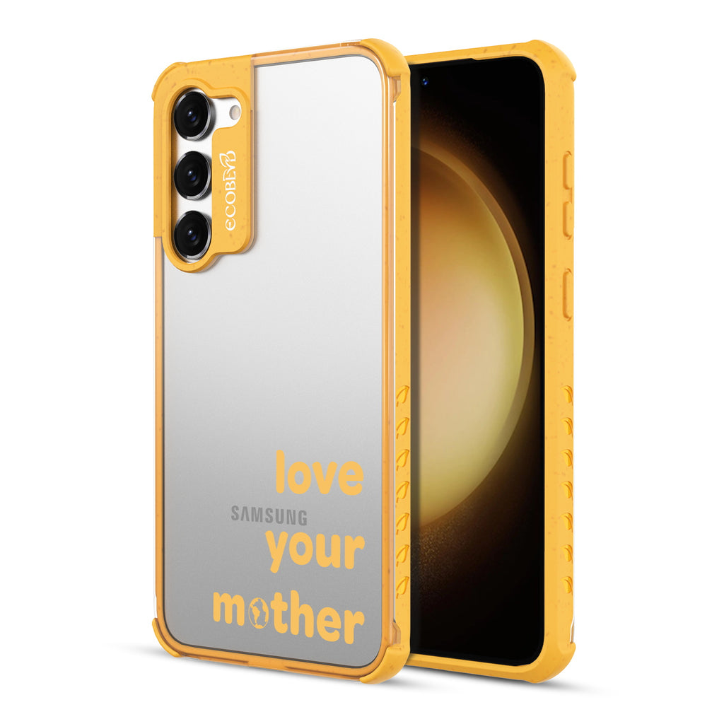 Love Your Mother - Back View Of Yellow & Clear Eco-Friendly Galaxy S23 Case & A Front View Of The Screen