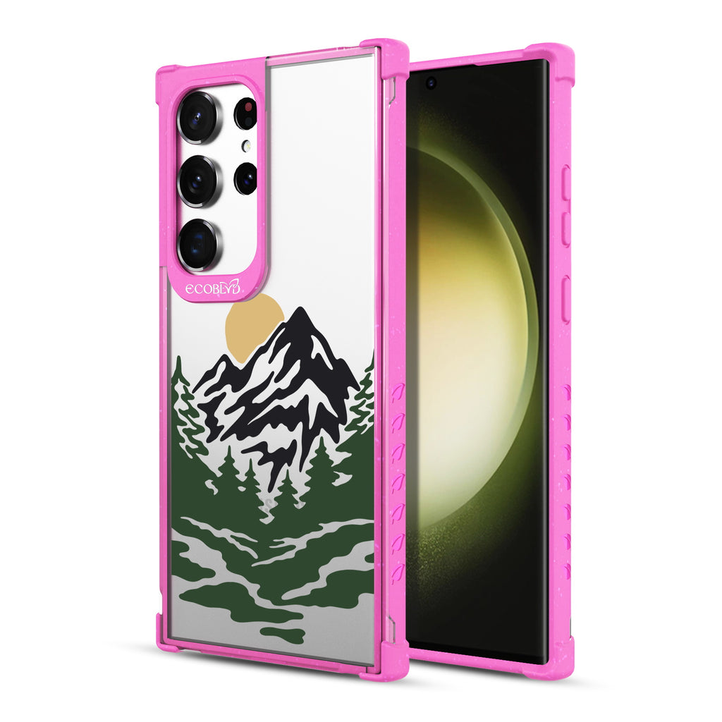 Mountains - Back View Of Pink & Clear Eco-Friendly Galaxy S23 Ultra Case & A Front View Of The Screen