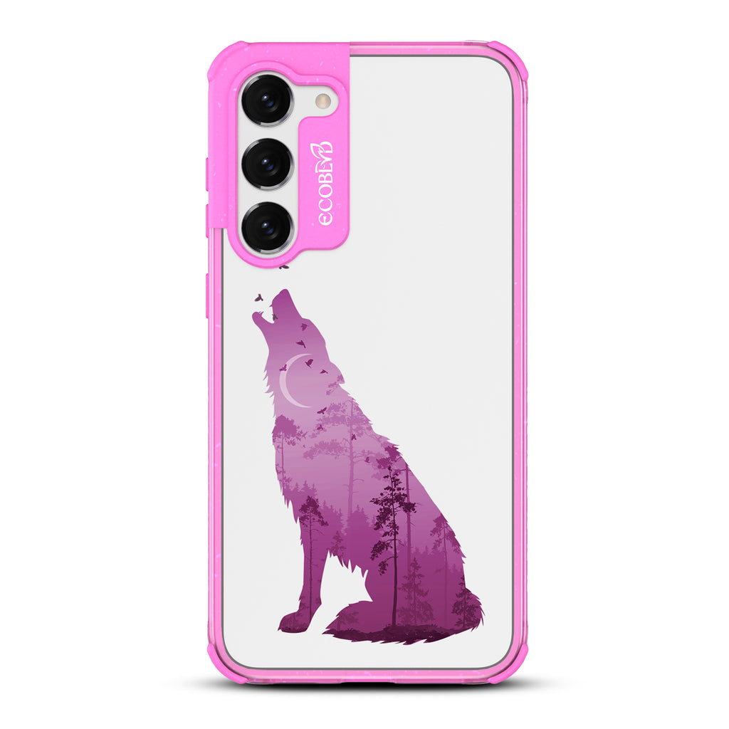 Howl at the Moon - Pink Eco-Friendly Galaxy S23 Case With A With Howling Wolf And Moonlit Woodlands Print On A Clear Back