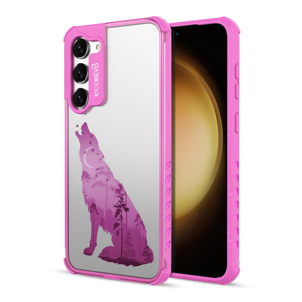 Howl at the Moon - Back View Of Pink & Clear Eco-Friendly Galaxy S23 Case & A Front View Of The Screen