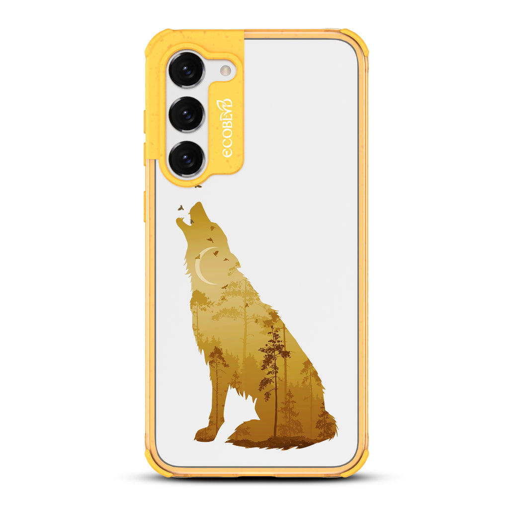 Howl at the Moon - Yellow Eco-Friendly Galaxy S23 Case With A With Howling Wolf And Moonlit Woodlands Print On A Clear Back