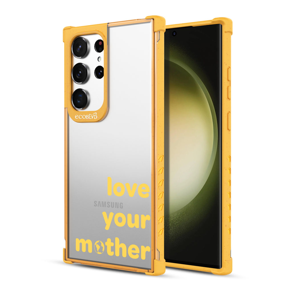 Love Your Mother - Back View Of Yellow & Clear Eco-Friendly Galaxy S23 Ultra Case & A Front View Of The Screen