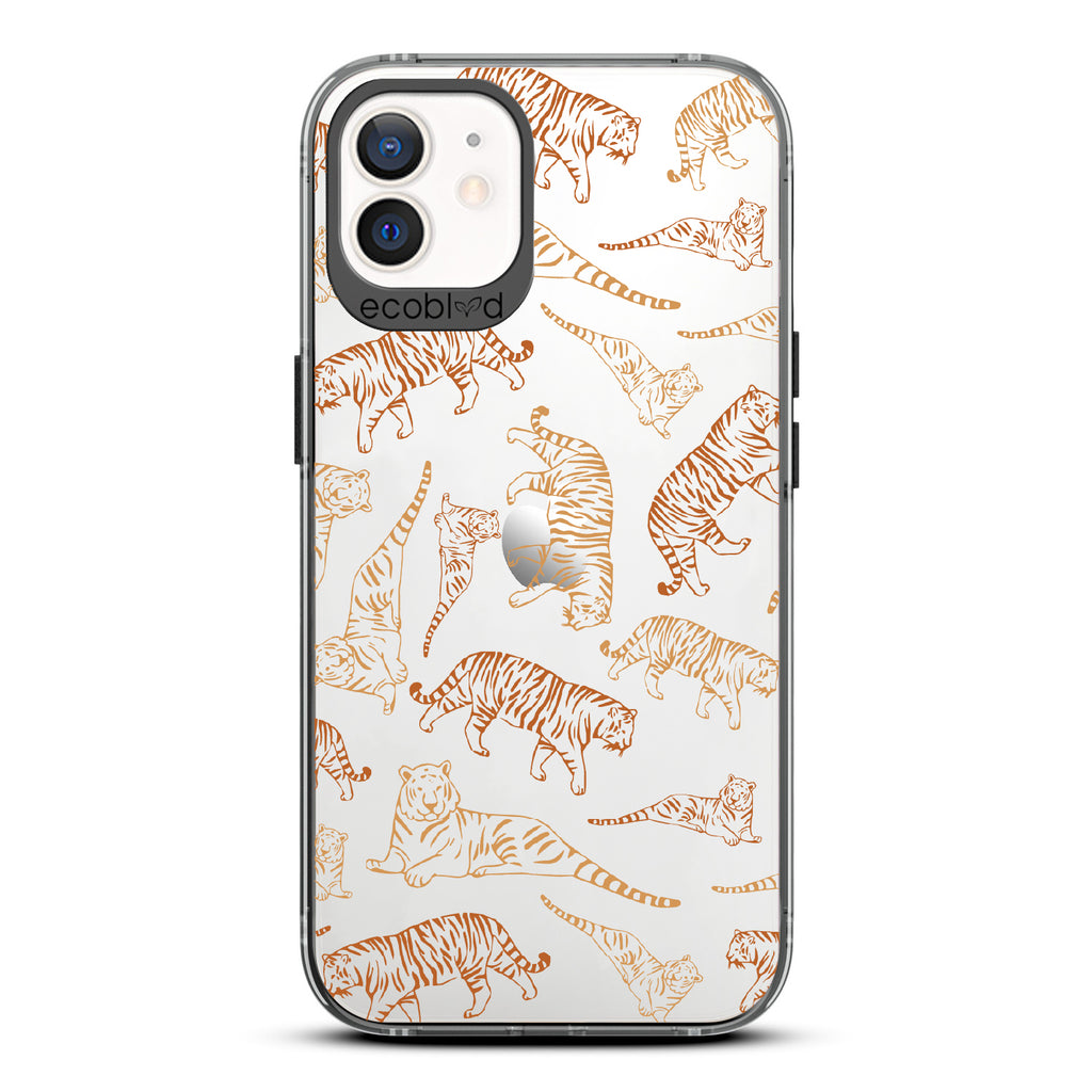 Tiger Pride - Black Eco-Friendly iPhone 12/12 Pro Case With Orange / Yellow Tiger Outlines On A Clear Back