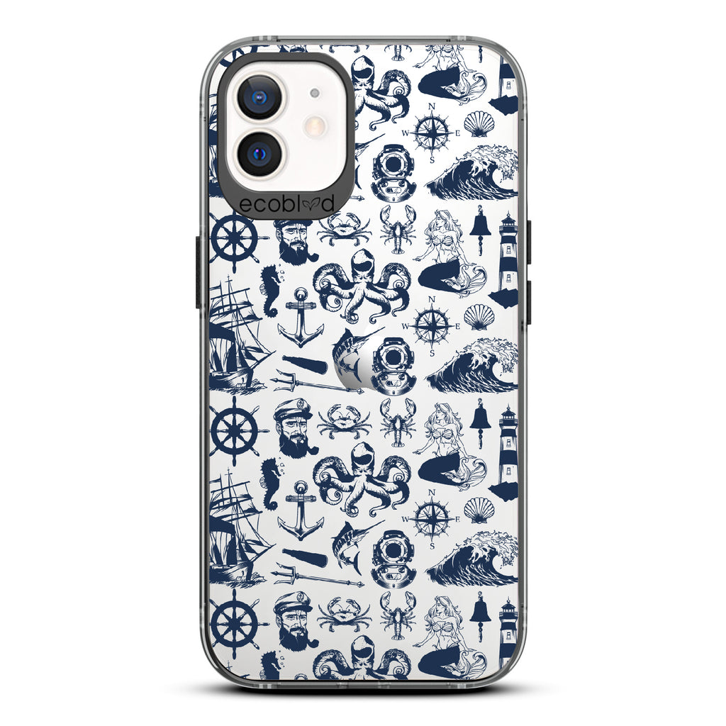 Nautical Tales - Black Eco-Friendly iPhone 12/12 Pro Case With Sailors, Ships, Waves, Anchors & More On A Clear Back