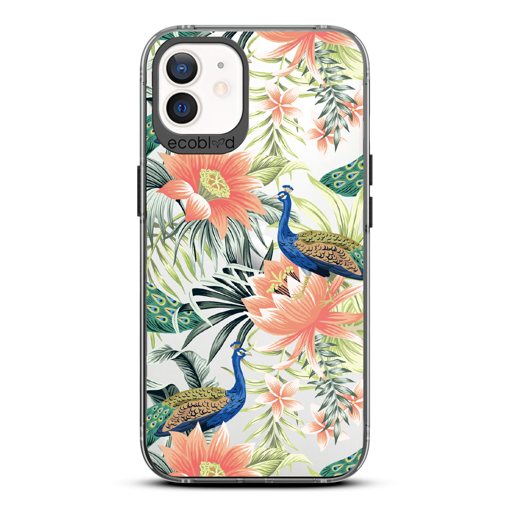 Peacock Palace - Black Eco-Friendly iPhone 12/12 Pro Case With Peacocks + Colorful Tropical Fauna On A Clear Back