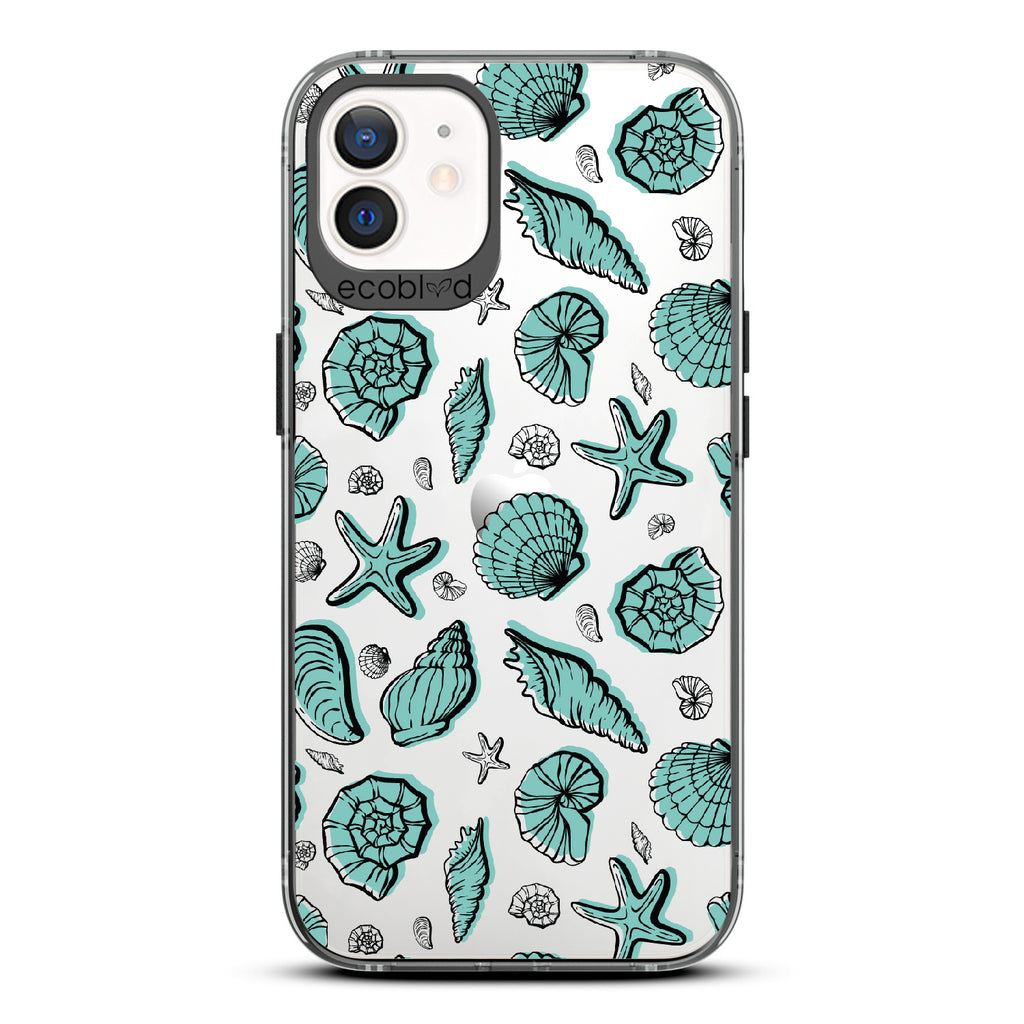 Seashells Seashore -  Black Eco-Friendly iPhone 12/12 Pro Case With Seashells and Starfish On A Clear Back