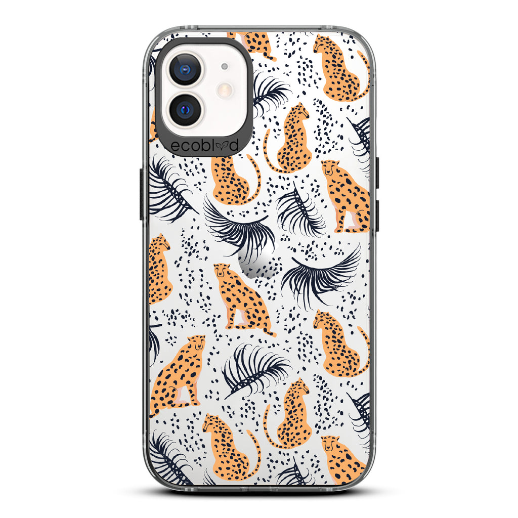 Feline Fierce - Black Eco-Friendly iPhone 12/12 Pro Case With Minimalist Cheetahs With Spots and Reeds On A Clear Back