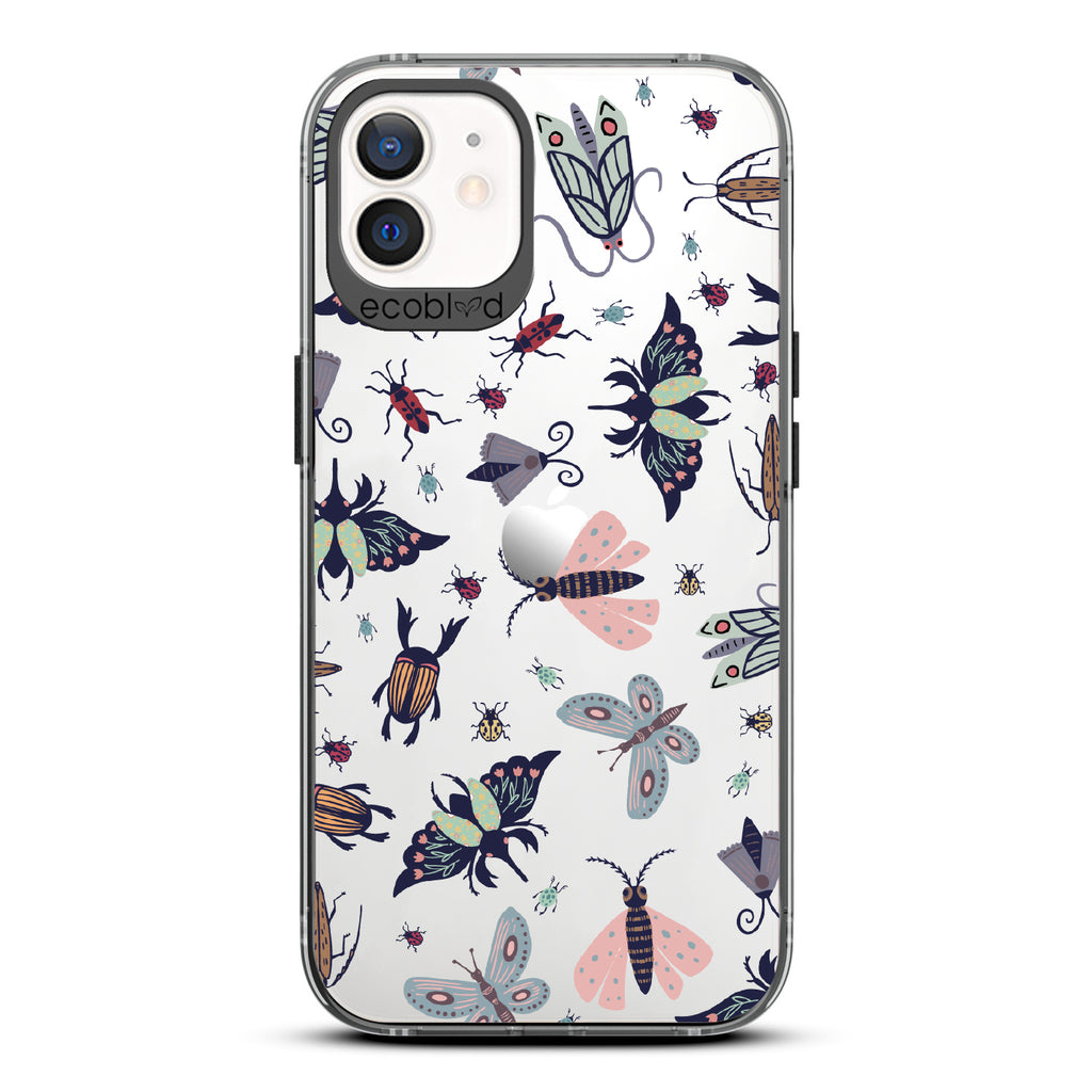 Bug Out - Black Eco-Friendly iPhone 12/12 Pro Case With Butterflies, Moths, Dragonflies, And Beetles On A Clear Back