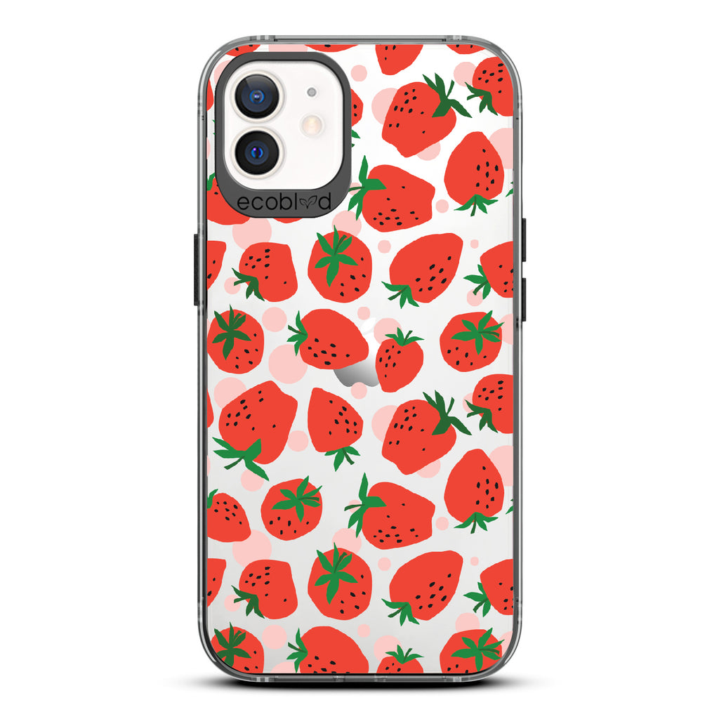 Strawberry Fields -  Black Eco-Friendly iPhone 12/12 Pro Case With Strawberries On A Clear Back